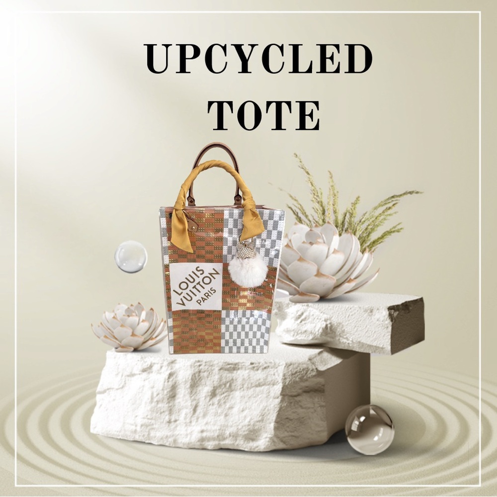 Upcycled shopping bag in clear vinyl bag. This is a very unique handmade handbag
